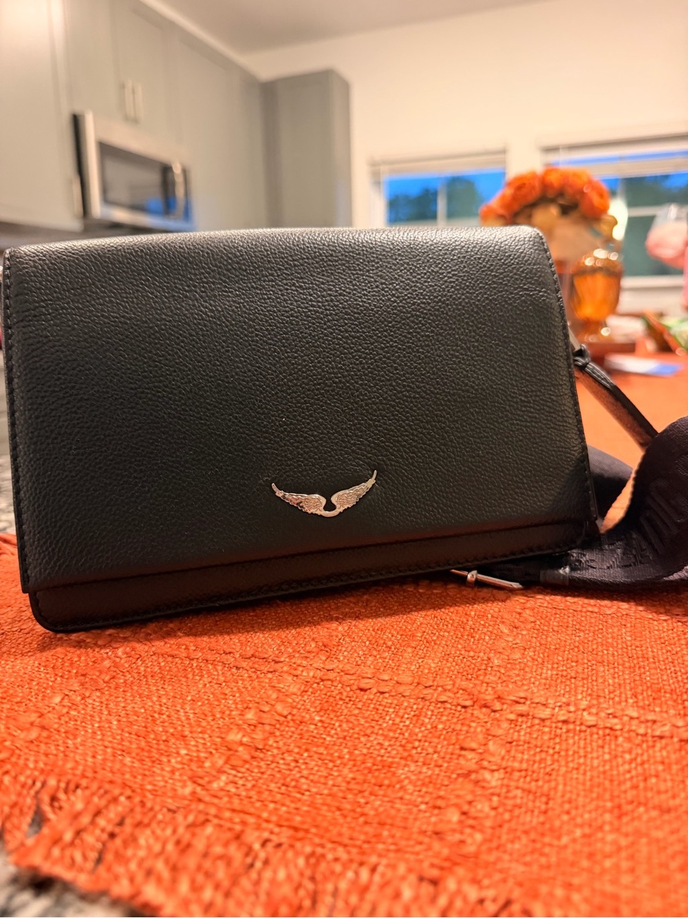 Zadig & Voltaire Black Leather Crossbody with Silver Wing Emblem